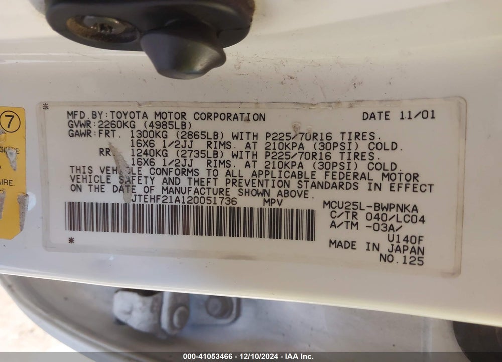 2002 TOYOTA HIGHLANDER LIMITED V6 VIN: JTEHF21A120051736