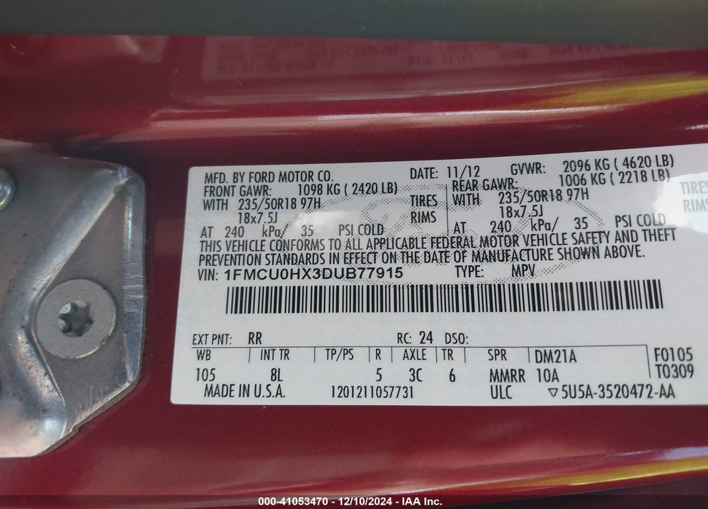 2013 FORD ESCAPE SEL VIN: 1FMCU0HX3DUB77915