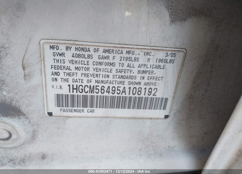 2005 HONDA ACCORD 2.4 LX VIN: 1HGCM56495A108192