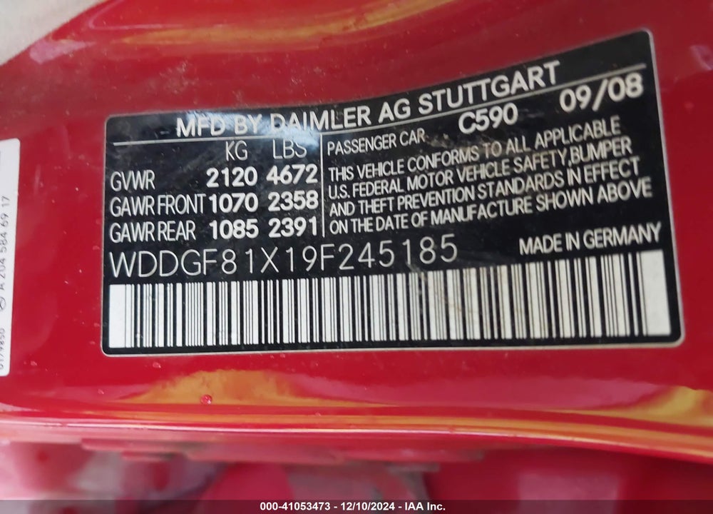 2009 MERCEDES-BENZ C 300 VIN: WDDGF81X19F245185