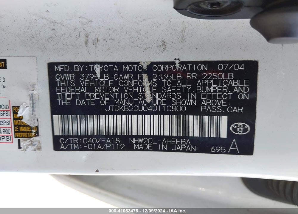 2004 TOYOTA PRIUS VIN: JTDKB20U040110800