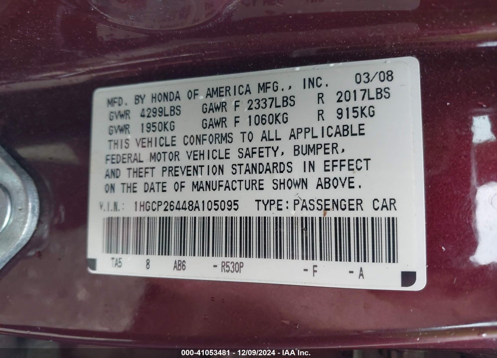 2008 HONDA ACCORD 2.4 LX-P VIN: 1HGCP26448A105095