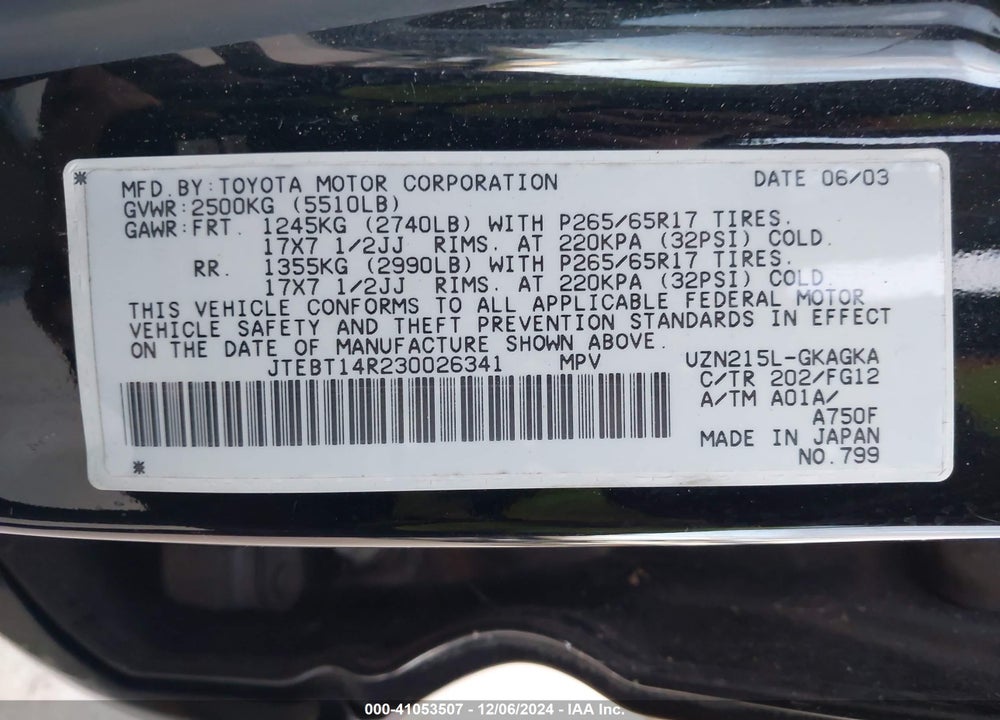 2003 TOYOTA 4RUNNER SR5 V8 VIN: JTEBT14R230026341