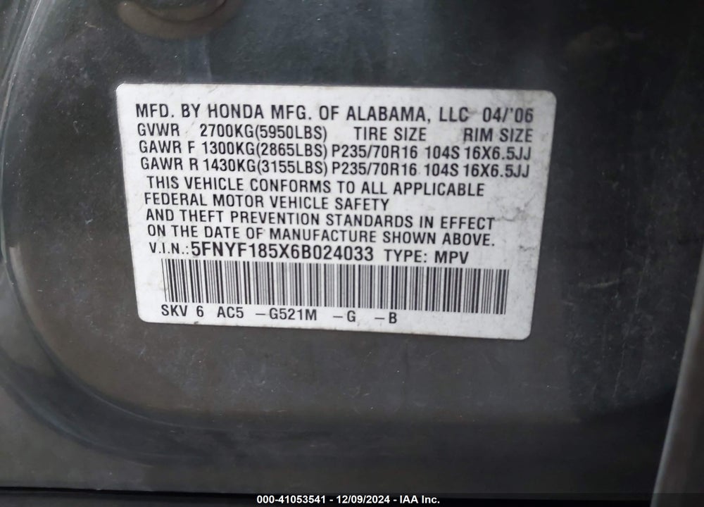 2006 HONDA PILOT EX-L VIN: 5FNYF185X6B024033