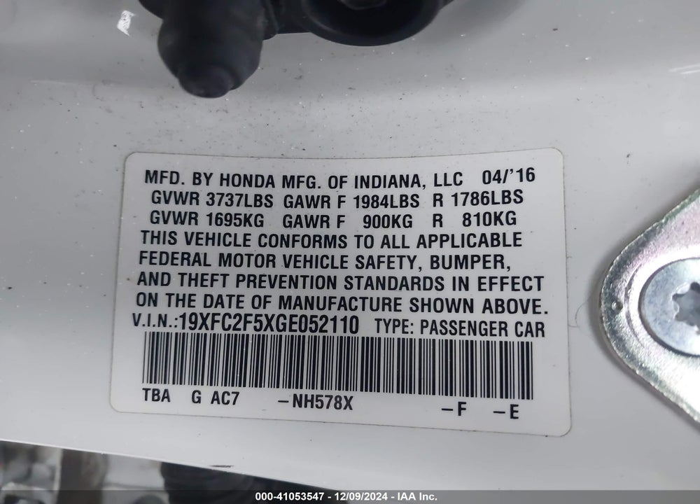 2016 HONDA CIVIC VIN: 19XFC2F5XGE052110