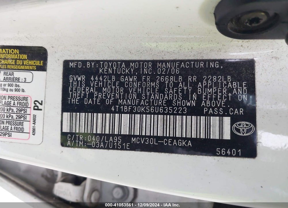 2006 TOYOTA CAMRY XLE V6 VIN: 4T1BF30K56U635223