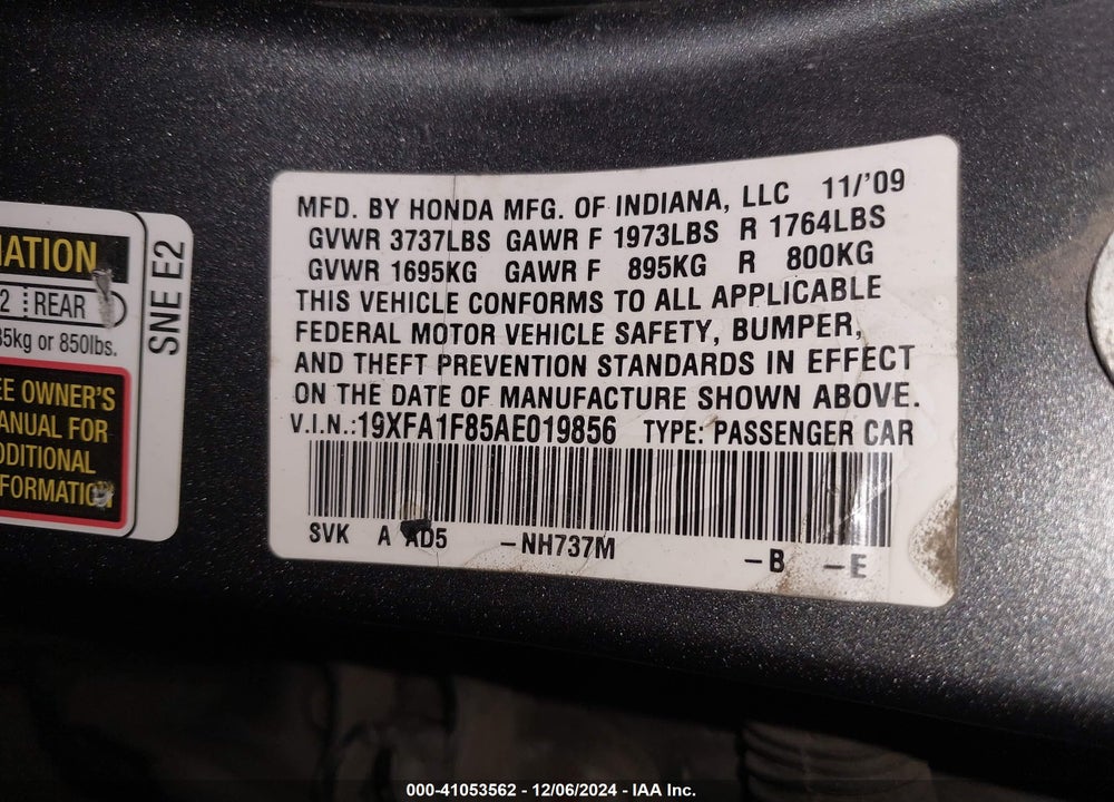 2010 HONDA CIVIC EX VIN: 19XFA1F85AE019856
