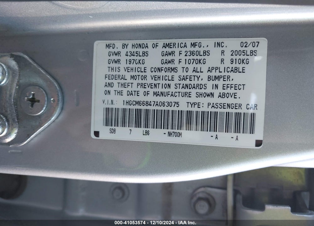 2007 HONDA ACCORD 3.0 EX VIN: 1HGCM66847A063075