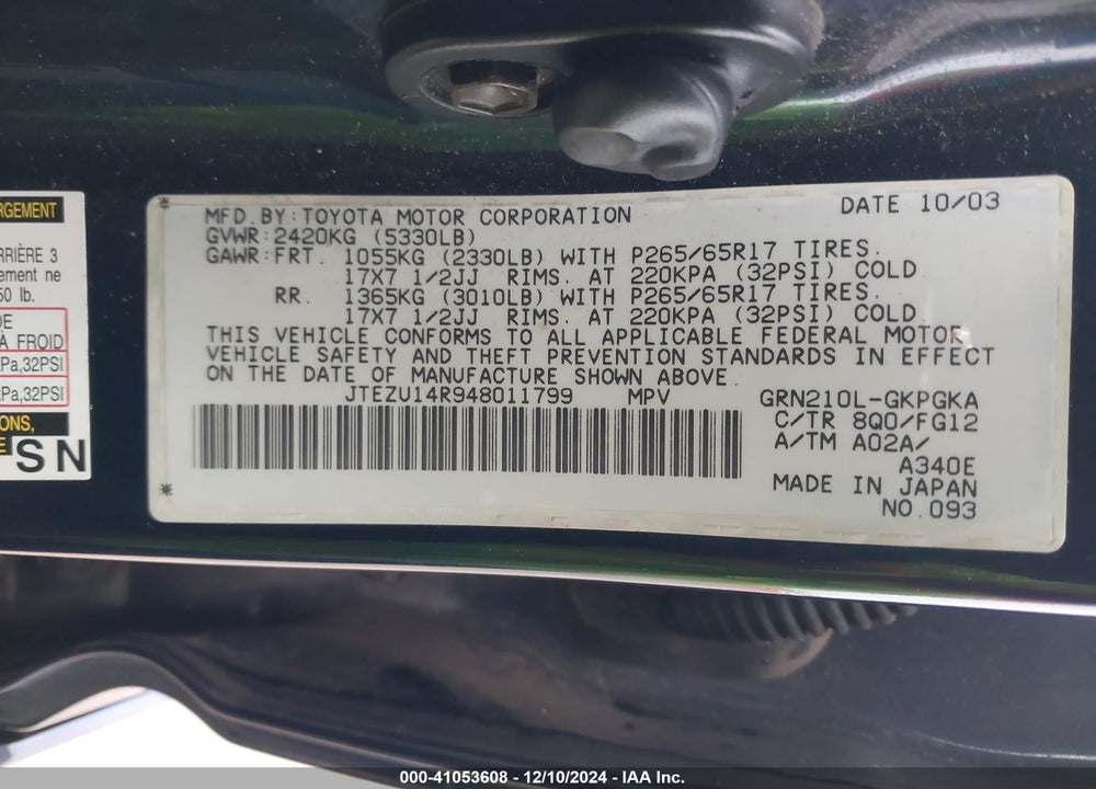 2004 TOYOTA 4RUNNER SR5 V6 VIN: JTEZU14R948011799