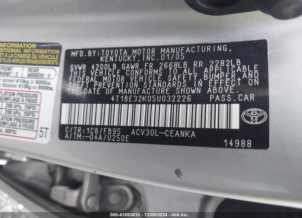 2005 TOYOTA CAMRY STD/ VIN: 4T1BE32K05U032226