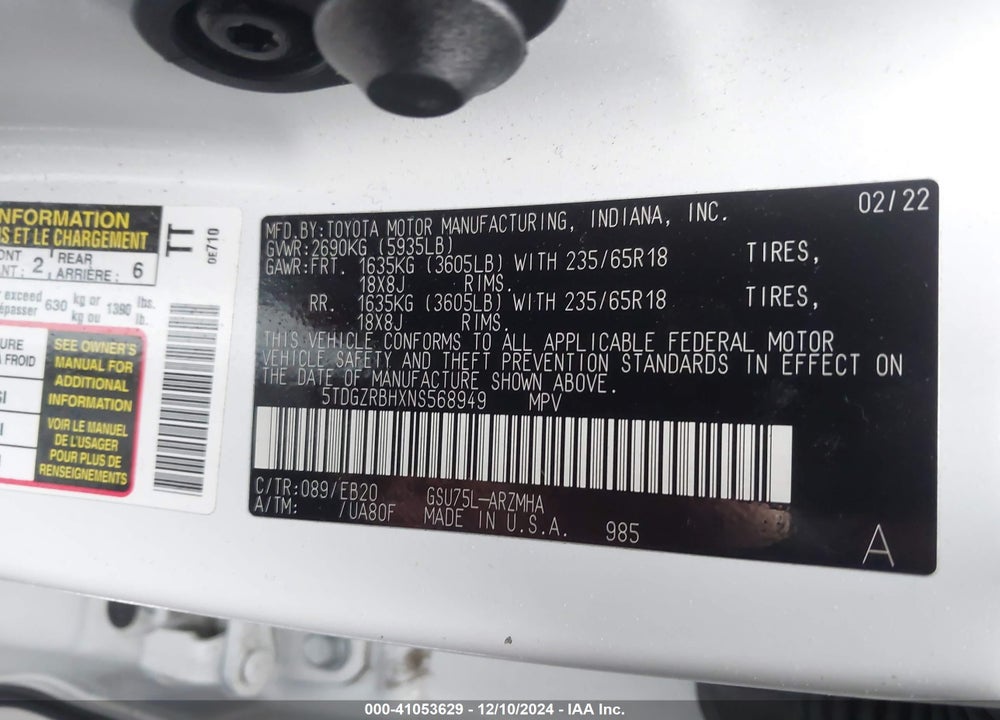 2022 TOYOTA HIGHLANDER XLE VIN: 5TDGZRBHXNS568949