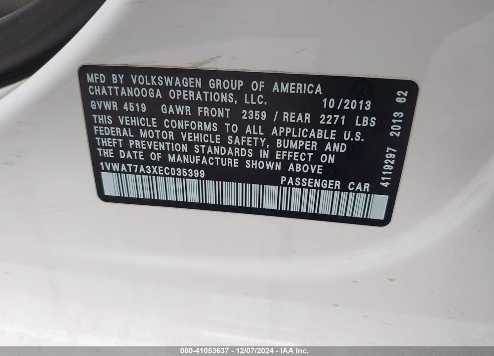 2014 VOLKSWAGEN PASSAT VIN: 1VWAT7A3XEC035399
