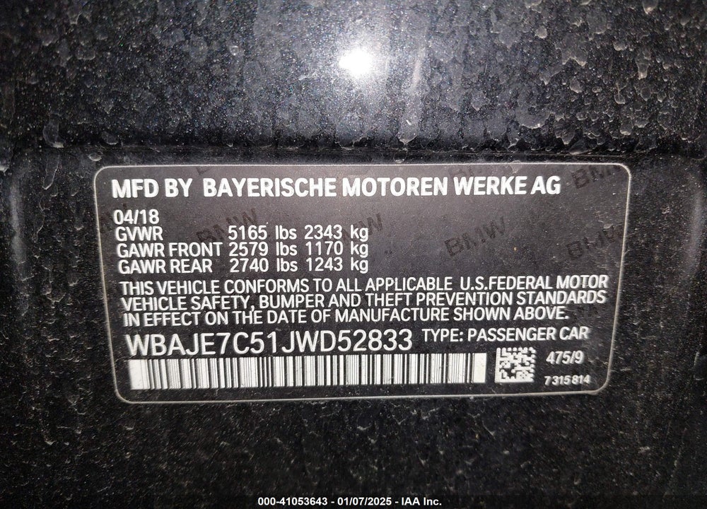 2018 BMW 5 SERIES 540I XDRIVE VIN: WBAJE7C51JWD52833