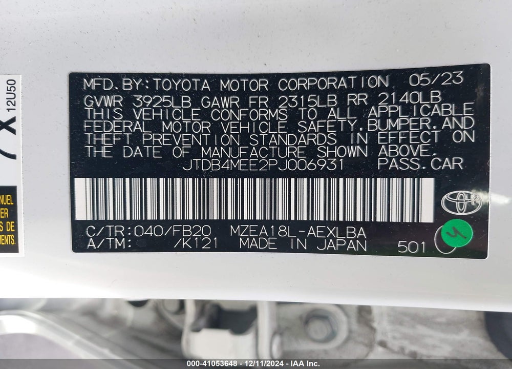 2023 TOYOTA COROLLA LE VIN: JTDB4MEE2PJ006931