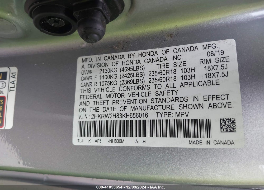 2019 HONDA CR-V EX-L VIN: 2HKRW2H83KH656016