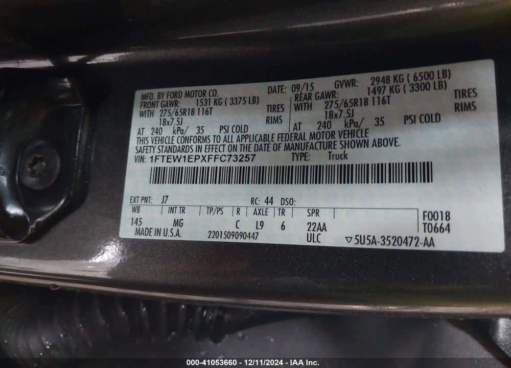 2015 FORD F-150 VIN: 1FTEW1EPXFFC73257
