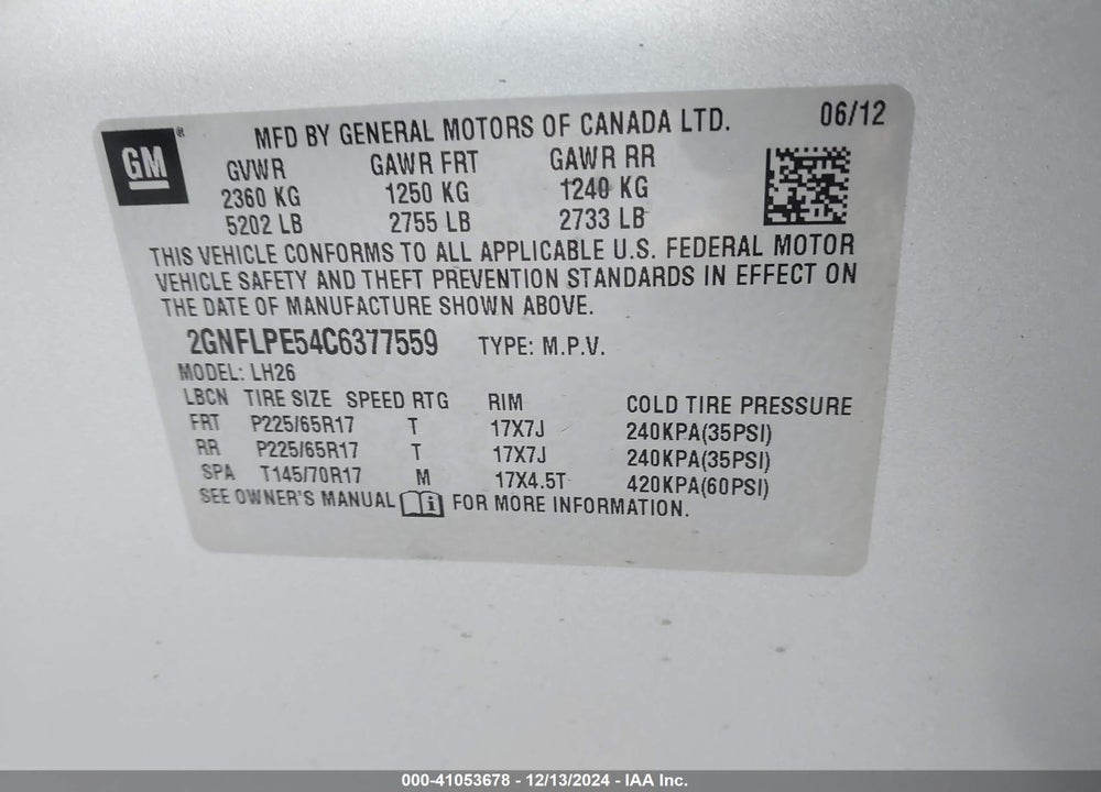 2012 CHEVROLET EQUINOX 2LT VIN: 2GNFLPE54C6377559