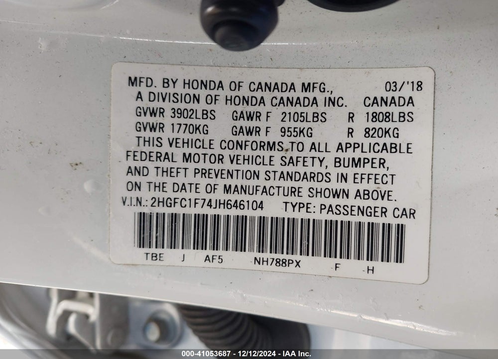 2018 HONDA CIVIC EX-L VIN: 2HGFC1F74JH646104
