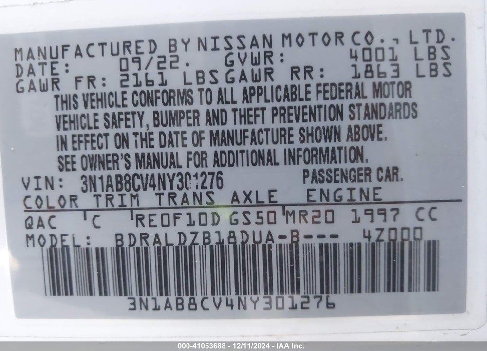 2022 NISSAN SENTRA VIN: 3N1AB8CV4NY301276