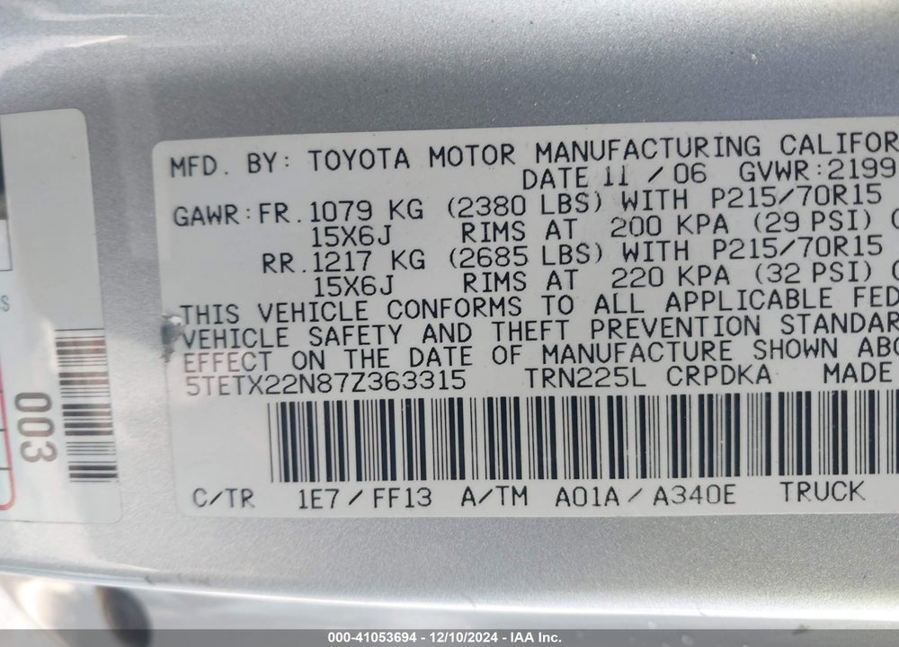 2007 TOYOTA TACOMA VIN: 5TETX22N87Z363315