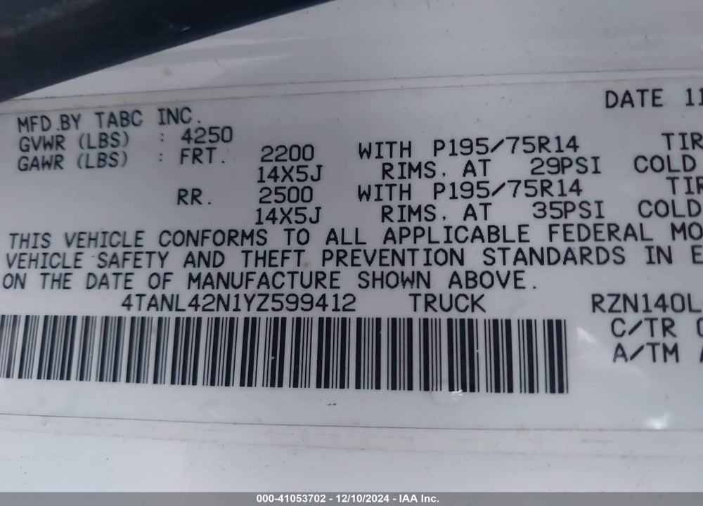 2000 TOYOTA TACOMA VIN: 4TANL42N1YZ599412