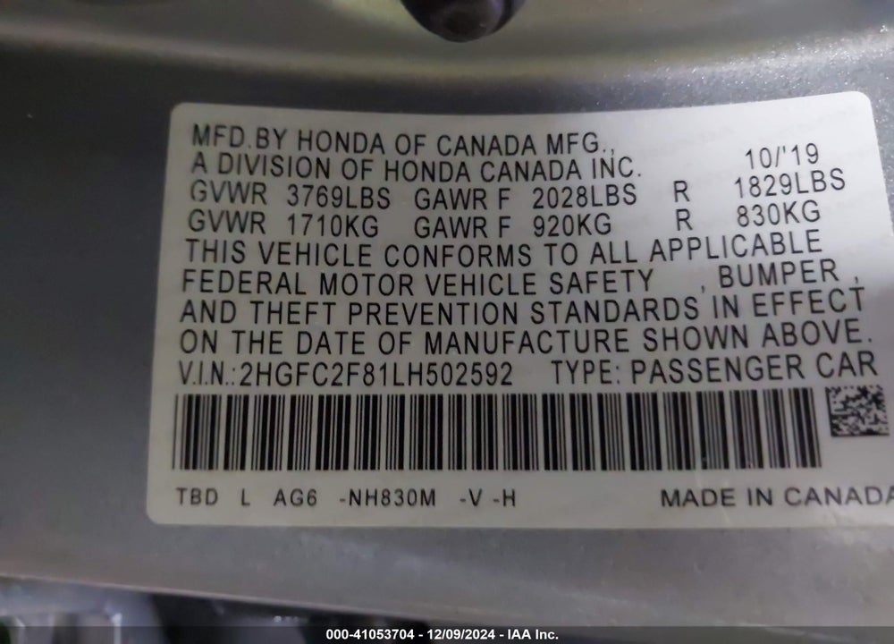 2020 HONDA CIVIC SPORT VIN: 2HGFC2F81LH502592