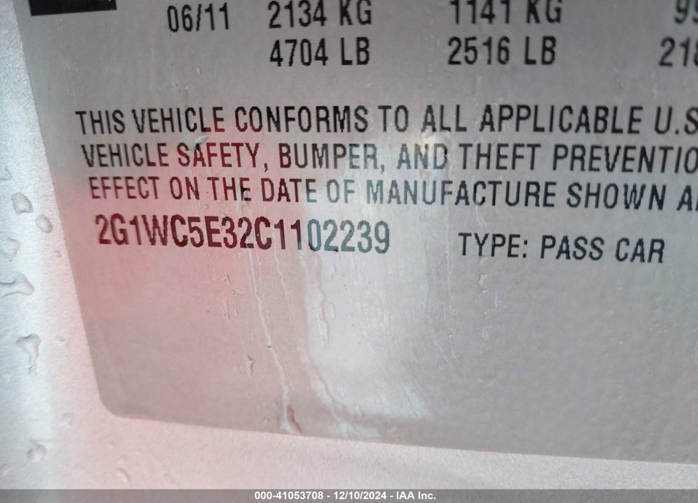 2012 CHEVROLET IMPALA LTZ VIN: 2G1WC5E32C1102239