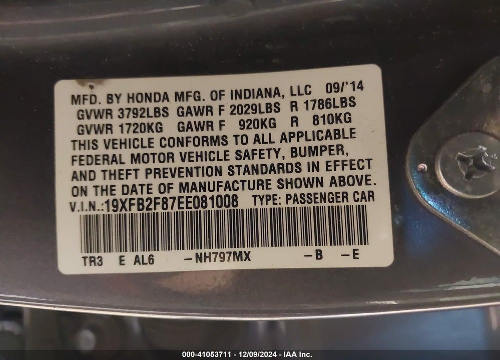 2014 HONDA CIVIC EX VIN: 19XFB2F87EE081008