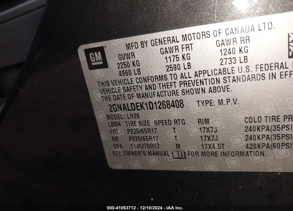 2013 CHEVROLET EQUINOX 1LT VIN: 2GNALDEK1D1268408