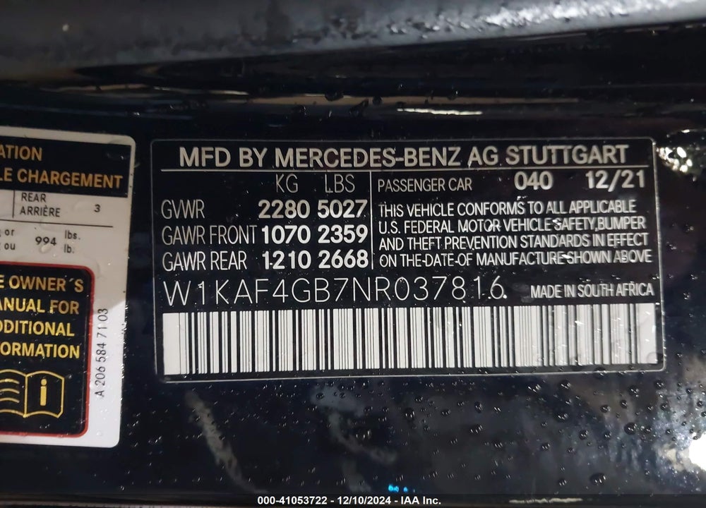 2022 MERCEDES-BENZ C 300 VIN: W1KAF4GB7NR037816