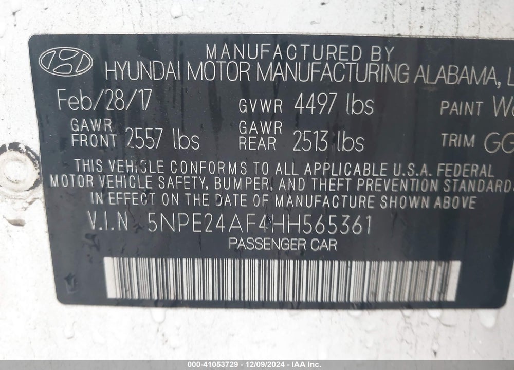 2017 HYUNDAI SONATA VIN: 5NPE24AF4HH565361
