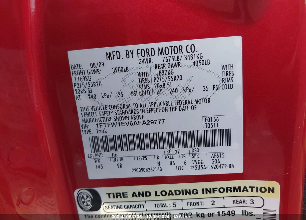 2010 FORD F-150 FX4/HARLEY-DAVIDSON/KING RANCH/LARIAT/PLATINUM/XL/XLT VIN: 1FTFW1EV6AFA29777