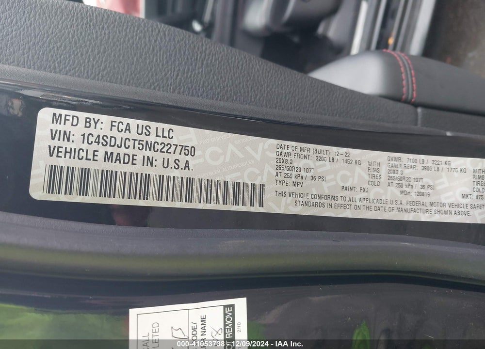 2022 DODGE DURANGO R/T AWD VIN: 1C4SDJCT5NC227750