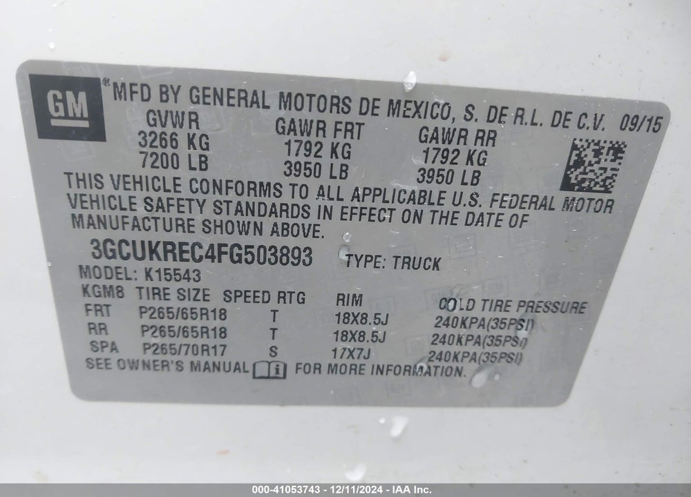 2015 CHEVROLET SILVERADO 1500 2LT VIN: 3GCUKREC4FG503893