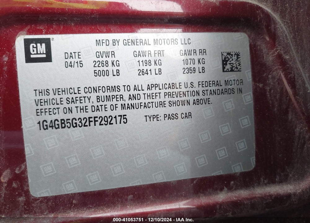 2015 BUICK LACROSSE LEATHER VIN: 1G4GB5G32FF292175