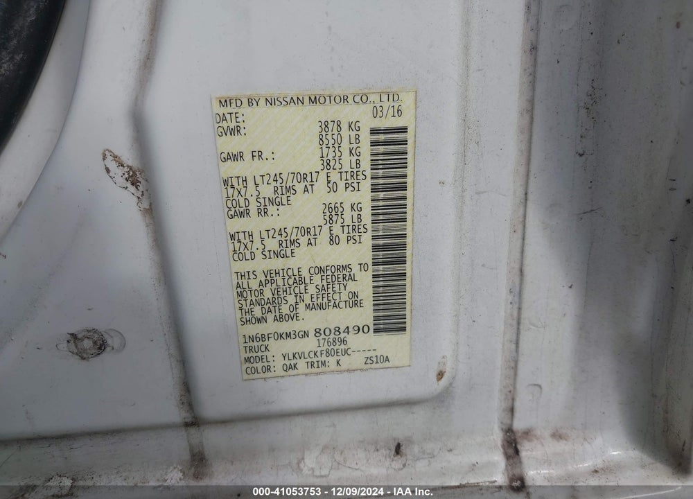 2016 NISSAN NV CARGO NV1500 S V6 VIN: 1N6BF0KM3GN808490