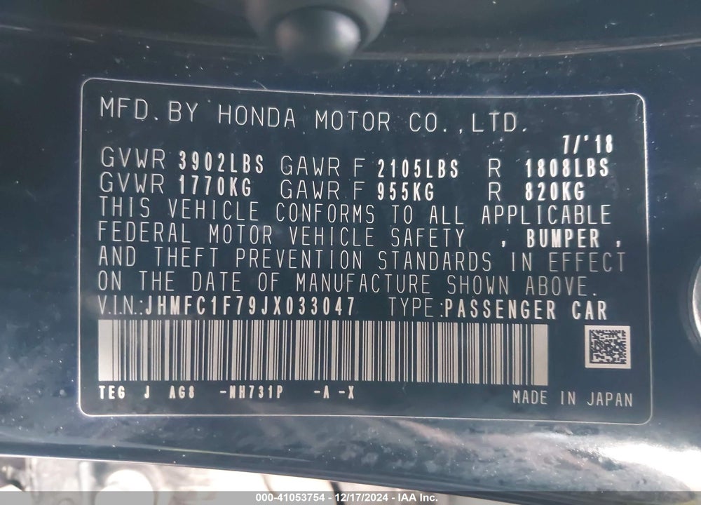 2018 HONDA CIVIC EX-L VIN: JHMFC1F79JX033047