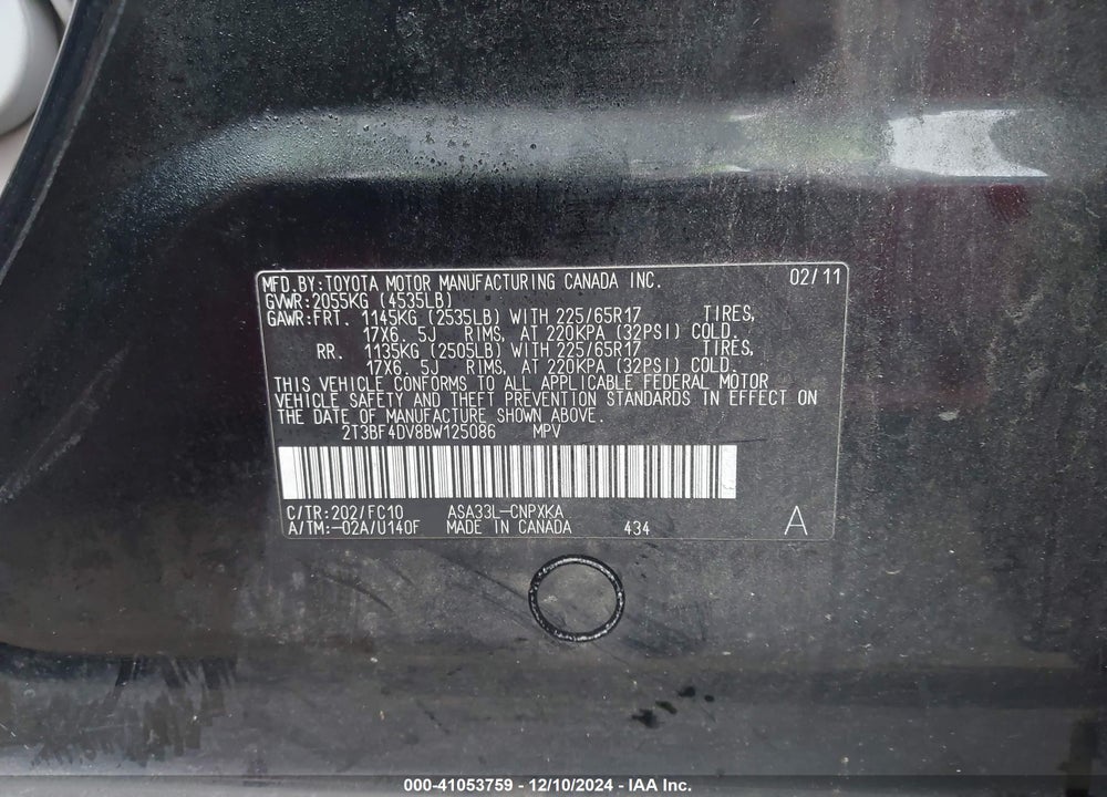 2011 TOYOTA RAV4 VIN: 2T3BF4DV8BW125086
