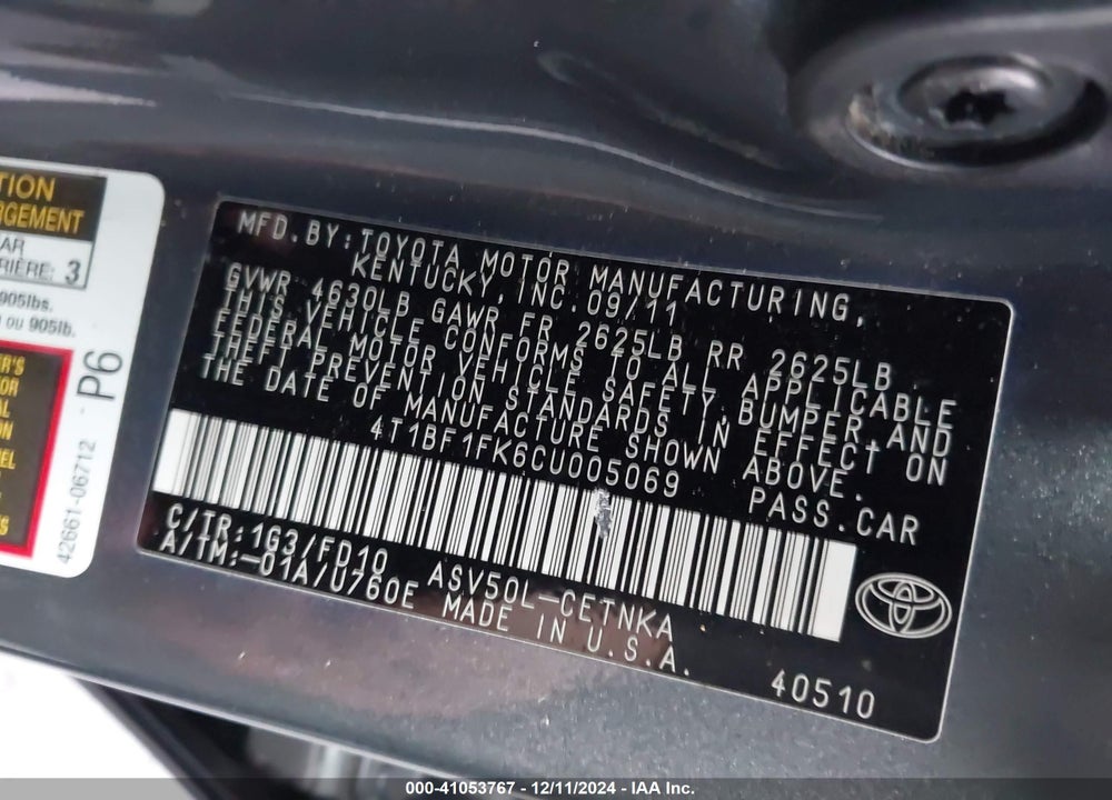 2012 TOYOTA CAMRY LE VIN: 4T1BF1FK6CU005069