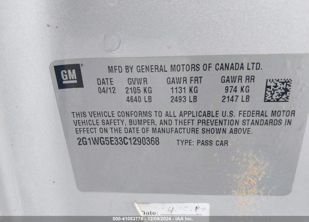 2012 CHEVROLET IMPALA LT VIN: 2G1WG5E33C1290368