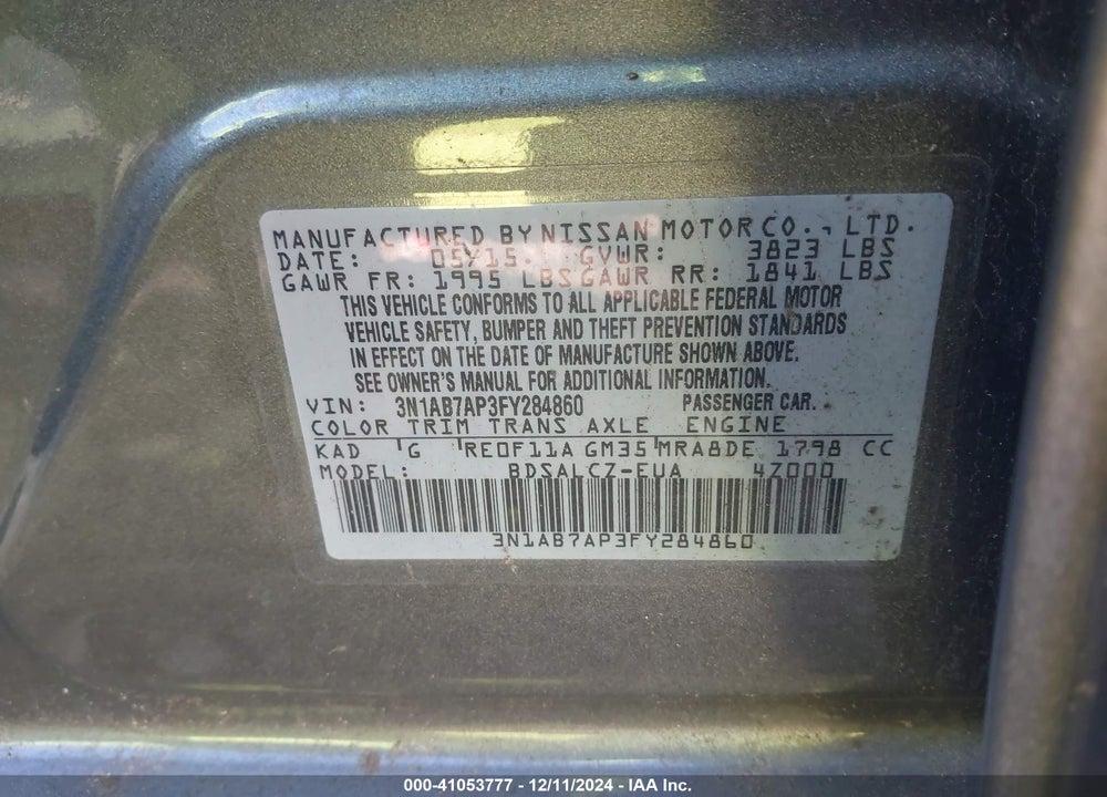 2015 NISSAN SENTRA S VIN: 3N1AB7AP3FY284860
