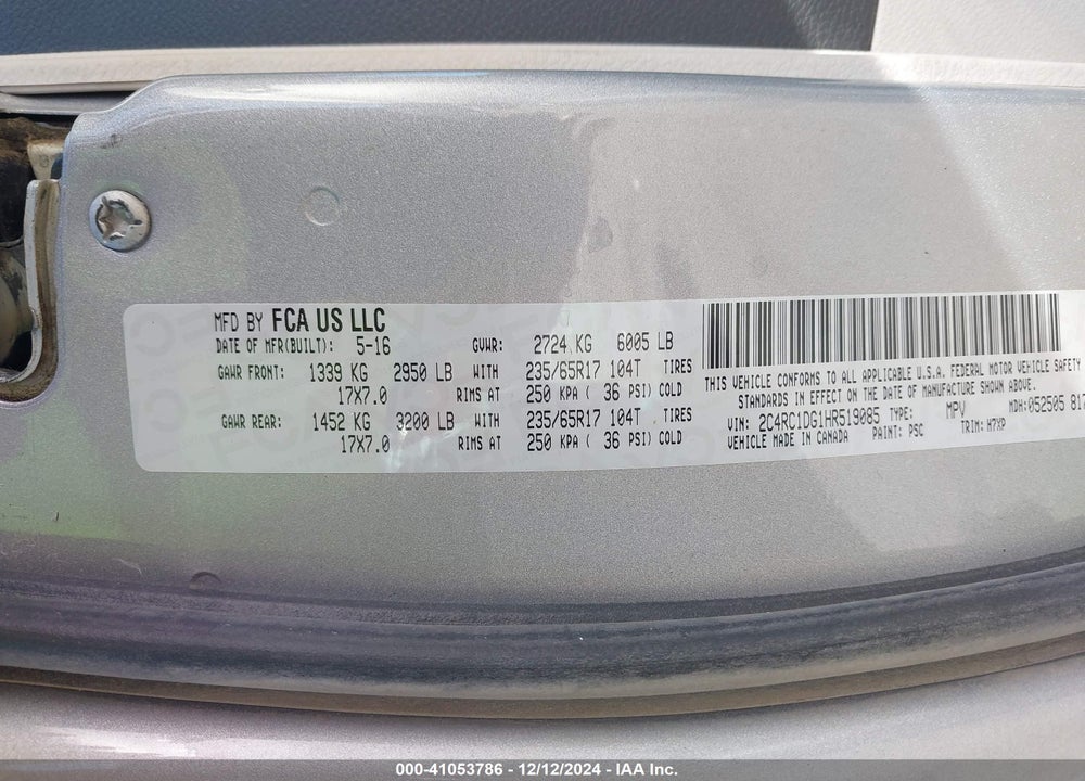 2017 CHRYSLER PACIFICA TOURING VIN: 2C4RC1DG1HR519085