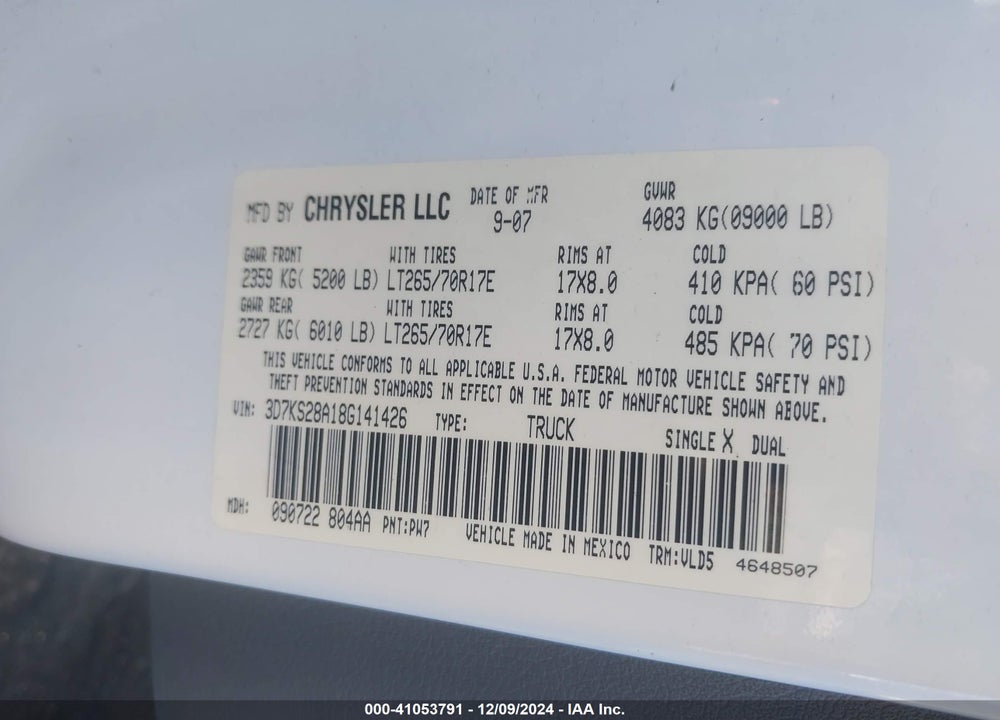 2008 DODGE RAM 2500 LARAMIE VIN: 3D7KS28A18G141426