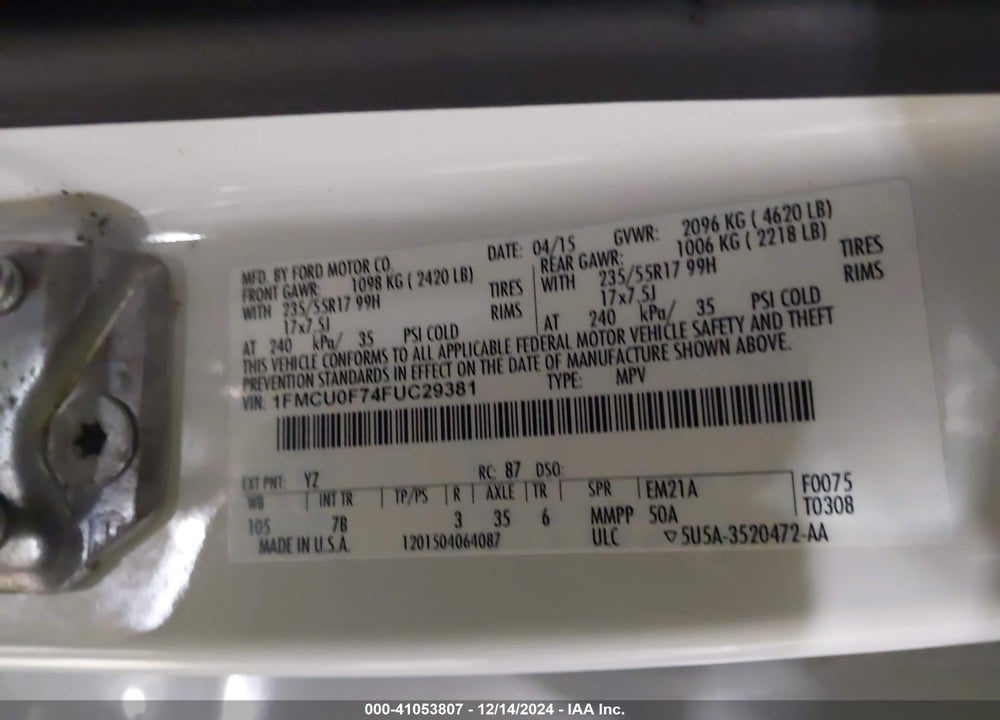 2015 FORD ESCAPE S VIN: 1FMCU0F74FUC29381
