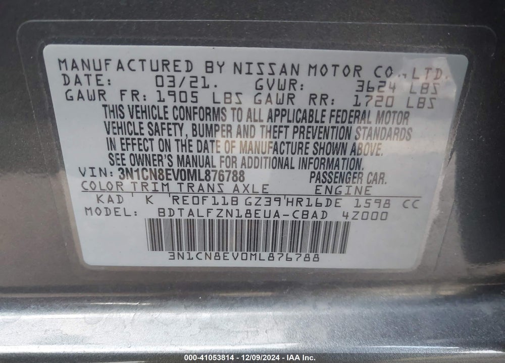 2021 NISSAN VERSA VIN: 3N1CN8EV0ML876788