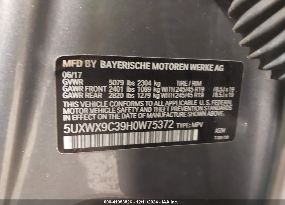 2017 BMW X3 XDRIVE28I VIN: 5UXWX9C39H0W75372