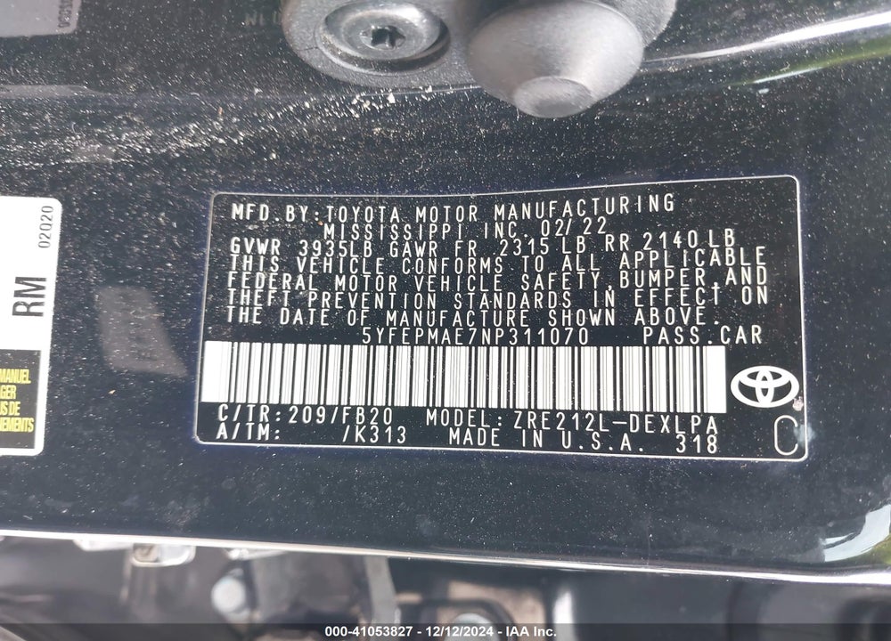 2022 TOYOTA COROLLA VIN: 5YFEPMAE7NP311070
