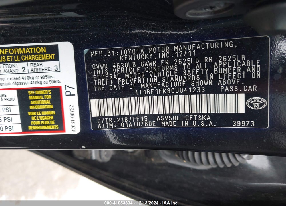 2012 TOYOTA CAMRY VIN: 4T1BF1FK8CU041233
