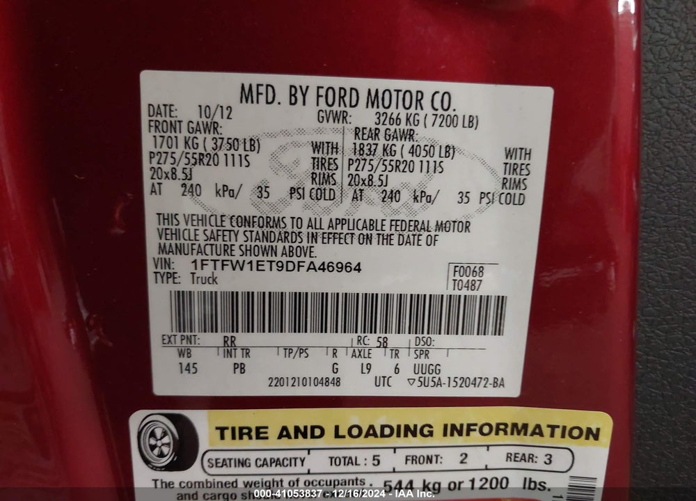 2013 FORD F150 VIN: 1FTFW1ET9DFA46964
