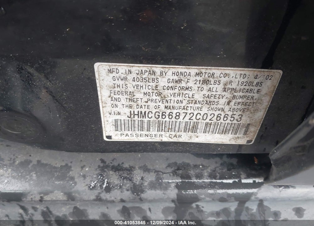 2002 HONDA ACCORD 2.3 EX/2.3 SE VIN: JHMCG66872C026653